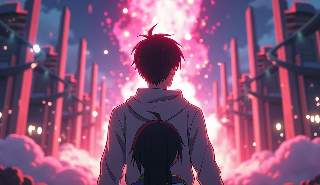  The brother sacrificed to protect his sister from the final attack，Anime and futuristic versions  。
Generate image, Anime style, were inspired by the song "" IU and Suga 。
 The protagonist is standing with his back to the camera Close-up 。