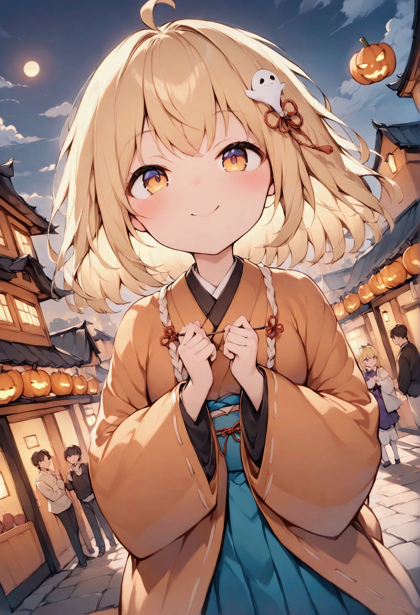 （ best quality illustration）, Wearing Japanese clothing,  zashiki  cosplay ,   1 girl,  elementary school girl with brown skin, blonde, Looking up, smile, evening,  Festival Scenery, are licking candy,  Halloween cityscape , Pumpkin lantern,  A person dressed up as a ghost in the background々, dynamic angle,  detailed background, Fun, bright