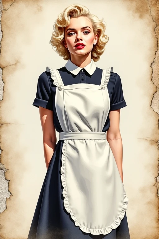 Create a retro vintage waitress teen with hair and bangs, with dark brown eyes, (((5 toes , girl kidnapped,black toes nails, legs together, feet together, feet tied tight together with ropes around both feet, tied legs tight together, tied arms to back ,Focus full body, standing, with no shoes, perfect feet, in bondage))),old style drawing 50s retro vintage