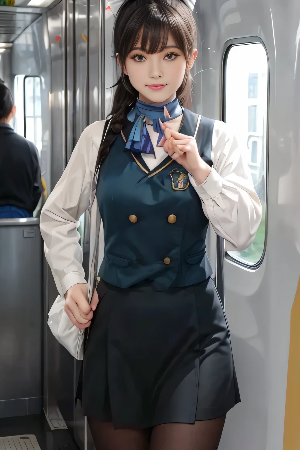 (masterpiece:1.2, Best Quality:1.2), 32K HDR,  High Resolution , (Alone、 1 girl)、（on board、 professional lighting that protrudes forward）、In-flight background、（Nankai Train crew uniformを着たリアルスタイル）、（（ Nankai Train Crew Uniform Collarless Blouse Long Sleeve 、  Black Curled Culottes Skirt 、Scarf around the neck））、Dark brown hair、（ long hair、Hair tied up、Hair tied up）、Dark brown hair、 LONG SHOT 、Big Breasts、Thin legs、（（Great hands：2.0）），（（ Harmonious Body Proportions：1.5）），（（Normal limbs：2.0）），（（Normal finger：2.0）），（（Delicate eyes：2.0）），（（Normal eyes：2.0））)、smile、（Nankai Train crew uniformを見せた美しい姿）、Hands clasped underneath
