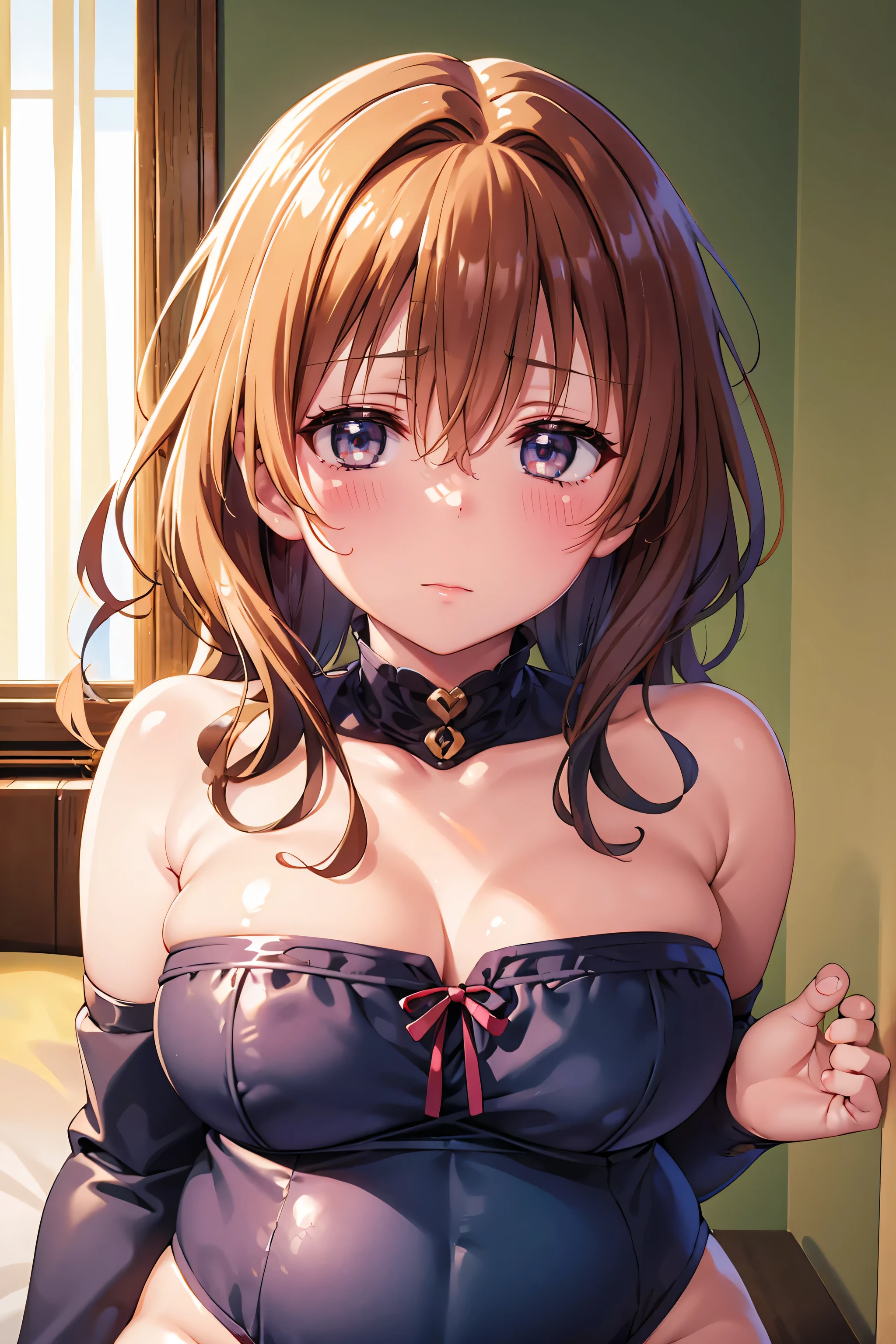 High resolution,masterpiece, Highest quality, Kuo Shenlin , heterochromia , Brown hair, (((nsfw))) , (((busty))),1girl, sensual body, Her cheeks flushed , onsen , oriental city