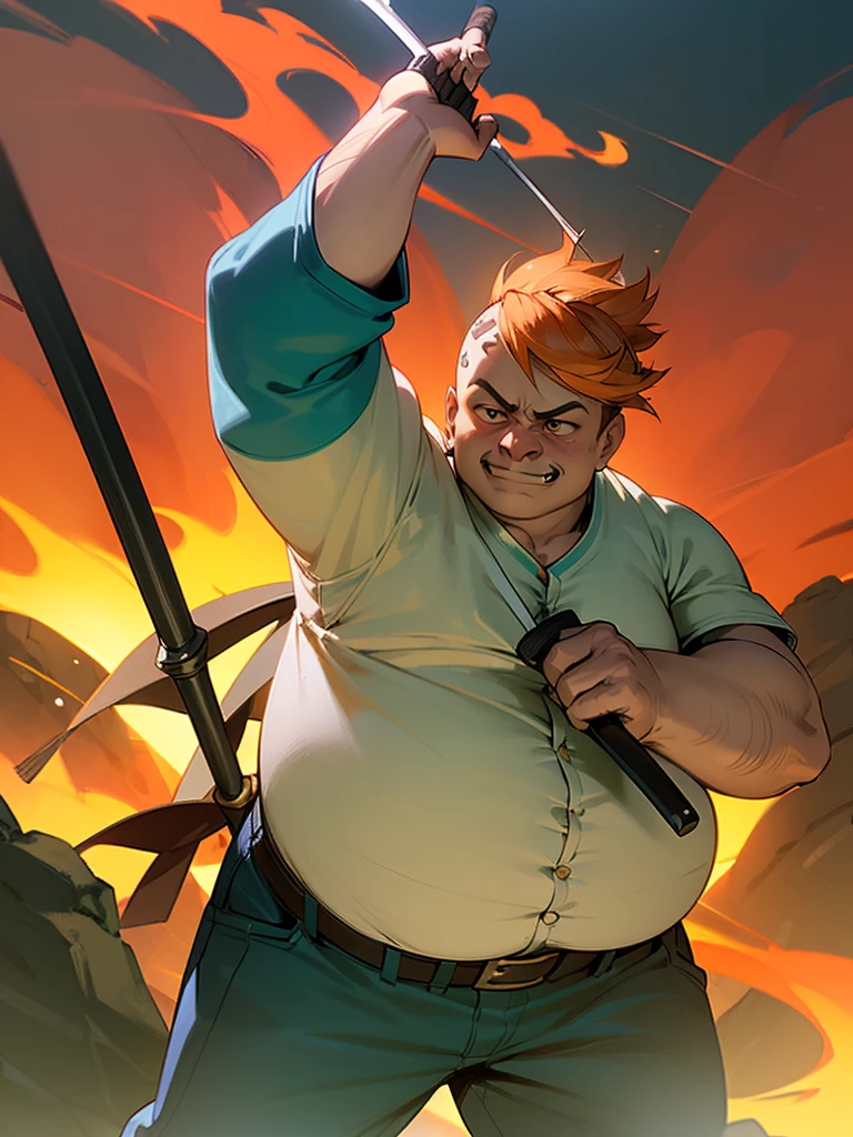 digital artwork, illustrative, tite kubo (/style/), anime, solo, (((twirling quarterstaff with hand))), (((one arm up))), (((quarterstaff doing spinning motion))), detailed face, aged, pockmarks, snub nose, (((ugly face))), (((masculine))), shirt, pants, wide grin, upturned nose, highly detailed, detailed face, FFCorneo, (((not too fat))), horny, orange hair, (((clean shaven))),