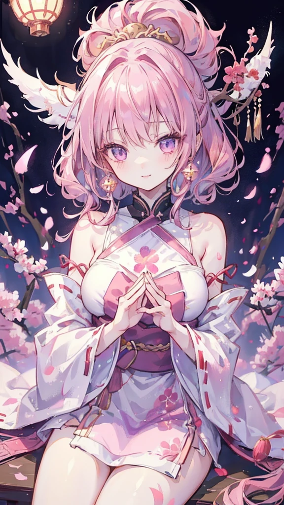 samurai girl with short hair and tattooed back who is using two katanas, with dark hair, with a white outfit showing her shoulder. with the image of destroyed Japanese temples with blue fire as a backdrop. Blue night sky full of stars, with pink Japanese cherry tree leaves falling