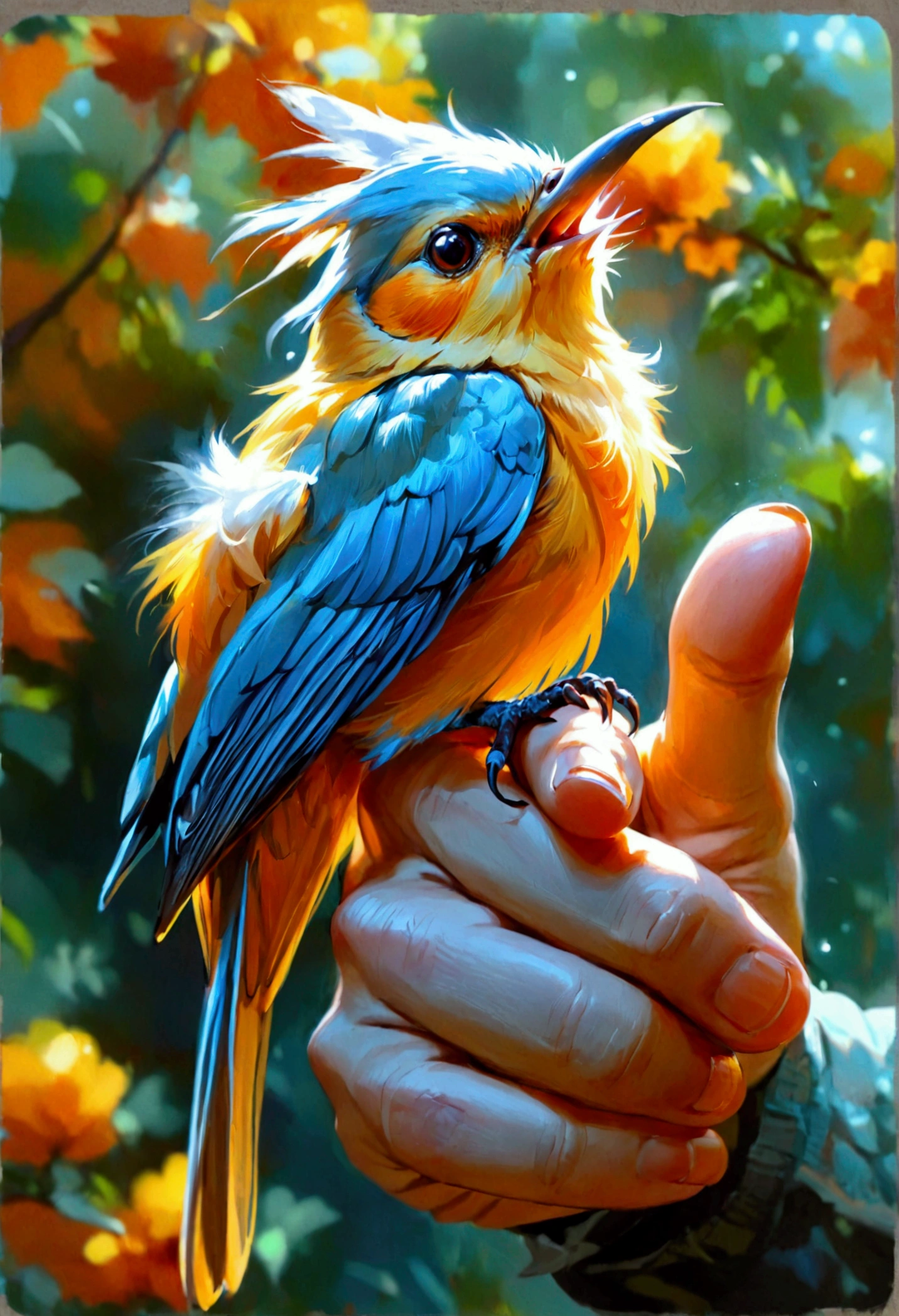 ((best quality)), ((masterpiece)), (detailed), An illustration of a small blue and white bird perched on a person's hand