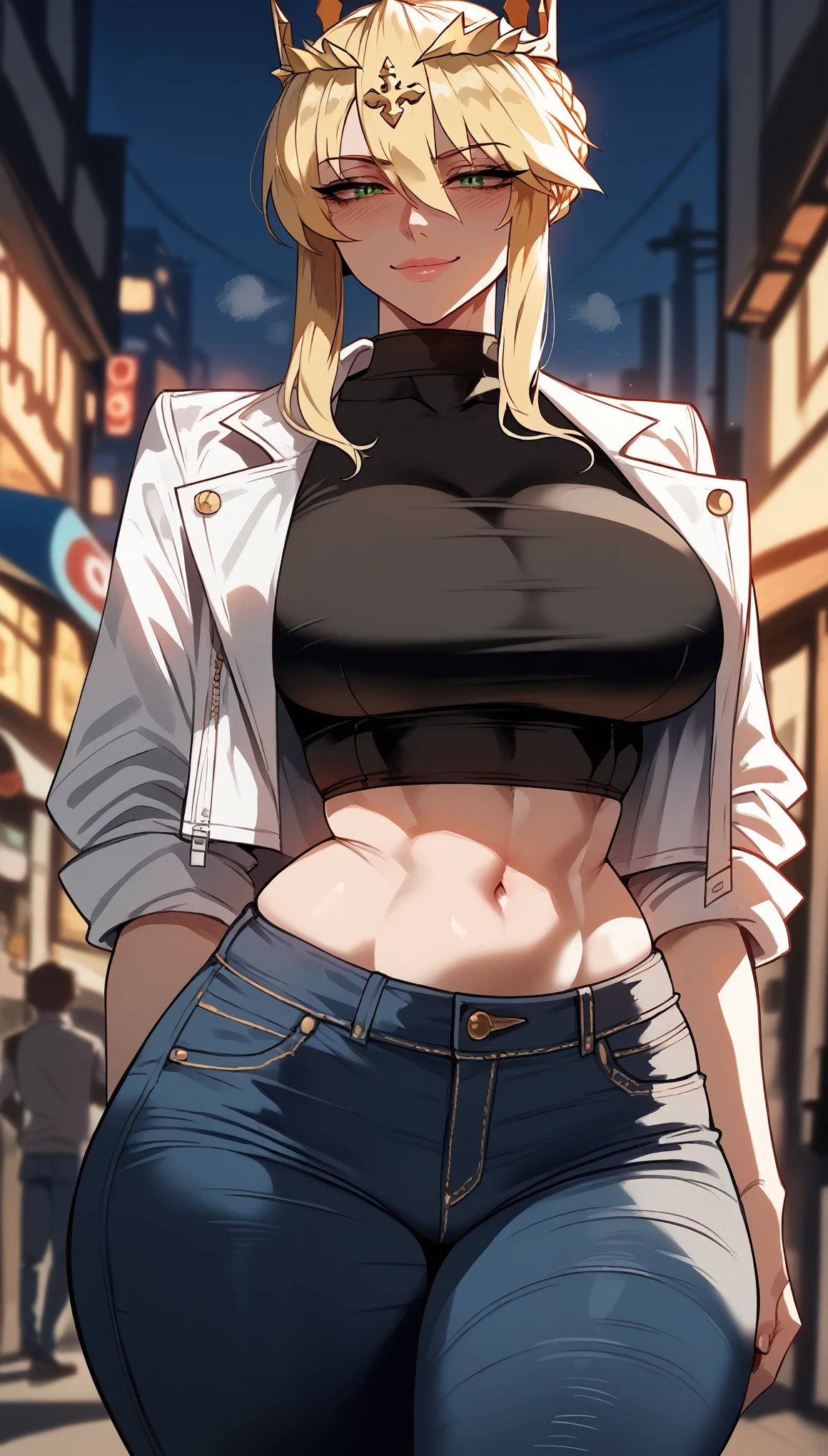 ( Better quality: 1.3), (4K quality), clean and beautiful face,  mature woman, (Blonde hair,  BIG BREASTS, thin, bare belly, athletic curves, piercing no umbigo, wide thighs), stand up, posing, Lancer Artoria, ((white jacket, jeans)), erotic, manager, night time, smile, blushed,