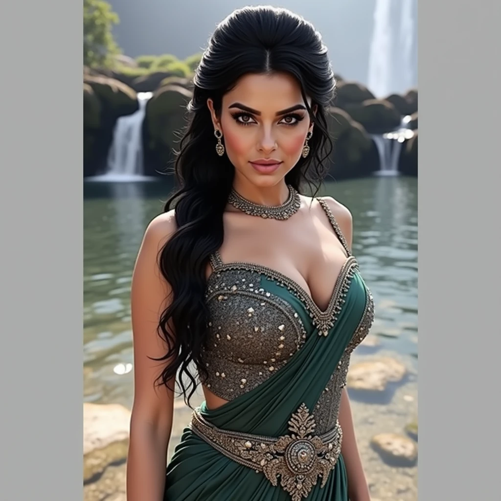 Portrait of A confident-looking indian girl with long flowing hair, hazel eyes, fair composition, hyperrealistic, super detailed, 8k, super high quality, trending art, dancing moves, fairy dress, black dress, medium breasts, underwater, day light, sun