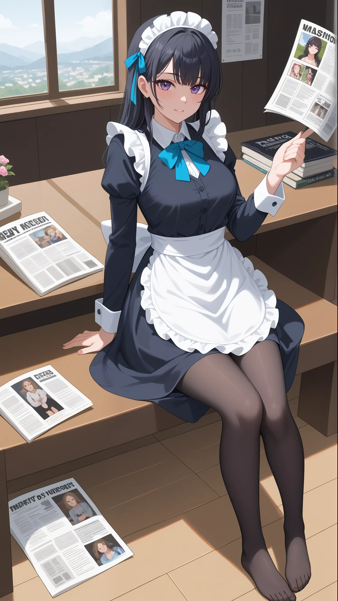 ( HIGHEST QUALITY :1.2,4K,8K, studio animation, is very detailed ,up to date,Vibrant,high detai,  High Contrast ,masterpiece:1.2, HIGHEST QUALITY ,Best aesthetics),((( 1 girl at home))),Sitting,maid,maid服,Blue Ribbon,fresh,Dynamic Angle,Looking up，Cool atmosphere, Accurate and Focused , Brilliant Contrast ,3,20 Danny black pantyhose,Feet，masterpiece, best quality, super detailed , Extremely Detailed CG Unity 8K Wallpaper,1 Girl, newspaper background,flower，newspaper,Sitting，Lean on your hands，Lift one foot,newspaper background,