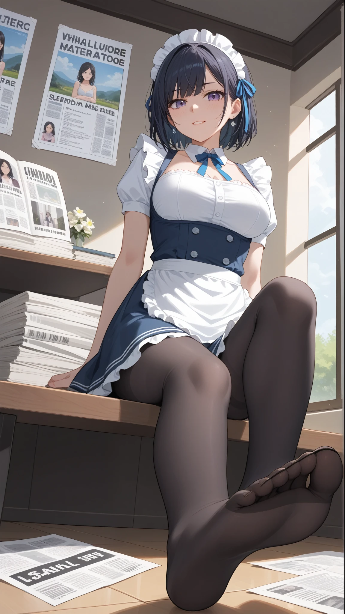 ( HIGHEST QUALITY :1.2,4K,8K, studio animation, is very detailed ,up to date,Vibrant,high detai,  High Contrast ,masterpiece:1.2, HIGHEST QUALITY ,Best aesthetics),((( 1 girl at home))),Sitting,maid,maid服,Blue Ribbon,fresh,Dynamic Angle,Low Angle:1
々Cool atmosphere, Accurate and Focused , Brilliant Contrast ,3,20 Danny black pantyhose,Feet，masterpiece, best quality, super detailed , Extremely Detailed CG Unity 8K Wallpaper,1 Girl, newspaper background,flower，newspaper,Sitting，Lean on your hands，Lift one foot,newspaper background,