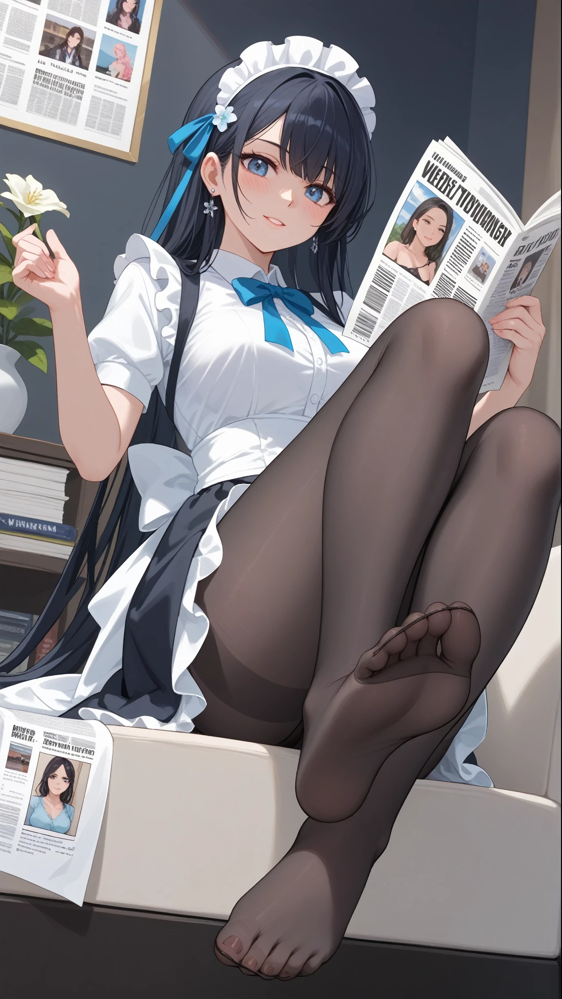 ( HIGHEST QUALITY :1.2,4K,8K, studio animation, is very detailed ,up to date,Vibrant,high detai,  High Contrast ,masterpiece:1.2, HIGHEST QUALITY ,Best aesthetics),((( 1 girl at home))),Sitting,maid,maid服,Blue Ribbon,fresh,Dynamic Angle,Low Angle:1
々Cool atmosphere, Accurate and Focused , Brilliant Contrast ,3,20 Danny black pantyhose,Feet，masterpiece, best quality, super detailed , Extremely Detailed CG Unity 8K Wallpaper,1 Girl, newspaper background,flower，newspaper,Sitting，Lean on your hands，Lift one foot,newspaper background,