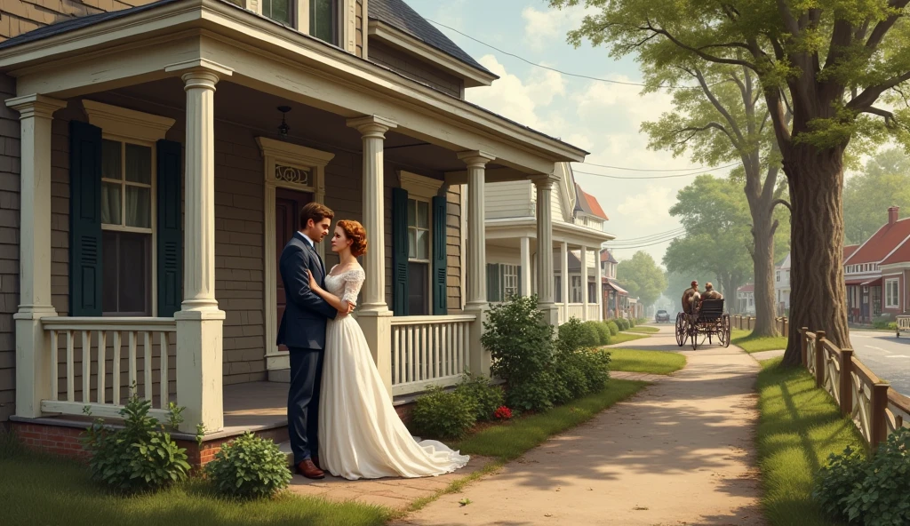a painting of a man and woman , (((looking at the camera 1,5))), portrait, smiling,historical costumes, in the garden,a fine art painting by Irene and Laurette Patten, , american impressionism, detailed painting, behance hd, photoillustration,atmospheric lighting(oil painting 1,7), ((impressionism style 1,3))
