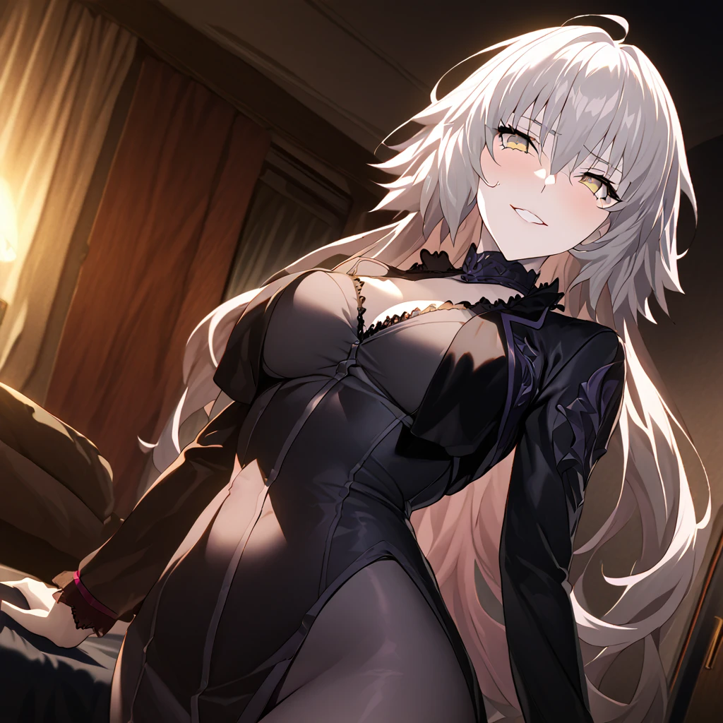 High image quality、best quality、extremely detailed CG unity 8k wallpaper、Masterpiece、ultra detailed、super fine illustration、detailed beautiful face、detailed (beautiful eyes)、Big Breasts、big ass、glamorous body、 Jeanne Alter (fate) ((My friend)) smile　Hotel room with a night view (she loves me) (Are sexually aroused)