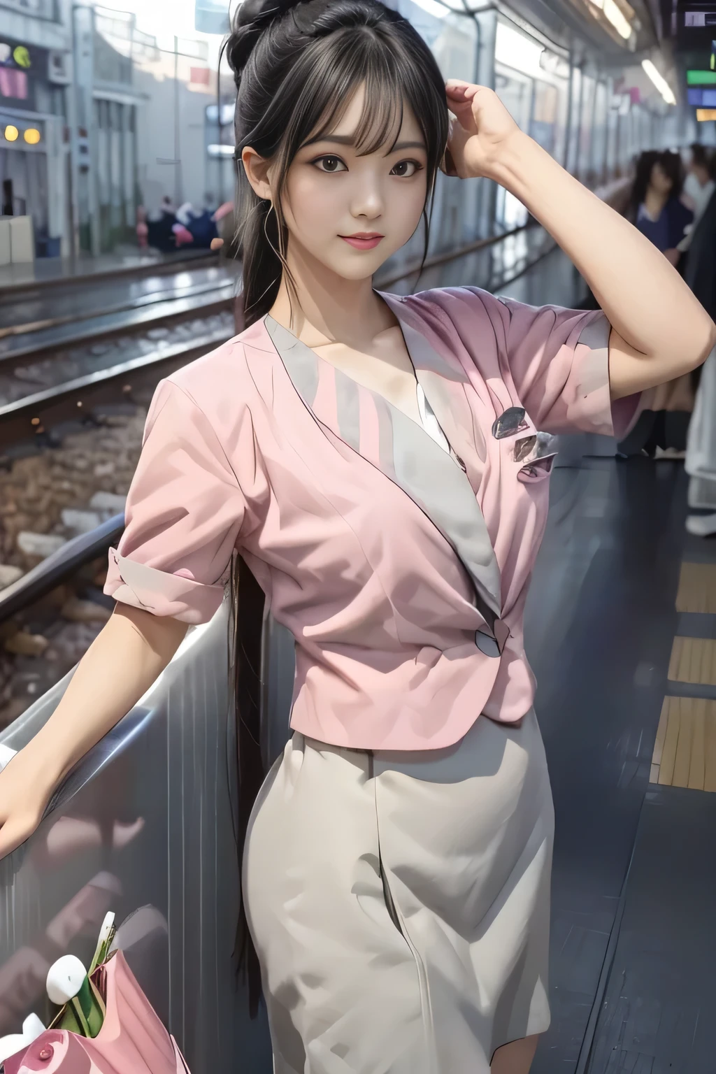 (masterpiece:1.2, Highest quality:1.2), 32k HDR, High resolution, (alone、1 girl)、 (Height: 160cm)、(On the rooftop of a building in the daytime、Professional Lighting)、Building rooftop background、(Nankai train crew uniform pinkを着たリアルスタイル)、(Nankai train crew uniform pink short sleeve collarless pink jacket、Nankai Train Crew Uniform Pink Collarless Short Sleeve Blouse、Nankai Train Crew Uniform Pink Grey Knee-length Culottes)、(The pink jacket is showing from the culottes.)、Dark brown hair、(Hair tied up、Hair tied up、Evening curly hairstyle)、Dark brown hair、Long Shot、Big Breasts、Thin legs、((Great hands:2.0)),((Harmonious body proportions:1.5)),((Normal limbs:2.0)),((Normal finger:2.0)),((Delicate eyes:2.0)),((Normal eyes:2.0)))、smile、(Nankai Train Crew Uniform Pink Grey Knee-length Culottesを見せた美しい歩く姿)、Place your hands around your stomach、Lanyard employee ID card