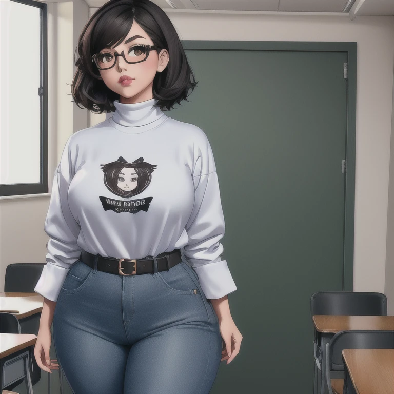 A cute sleepy petite short skinny wide hips emo girl, short wild volumetric hair, one wearing glasses, beautiful detailed brown eyes, cutely detailed lips, extremely cute detailed eyes and face, wide curvy pearshaped hips, thick thighs, long sleeve turtleneck t-shirt tucked in belted long jeans, full body photo, masterpiece, photorealistic, 8k, vivid colors, studio lighting, professional, standing in classroom,1girl, 