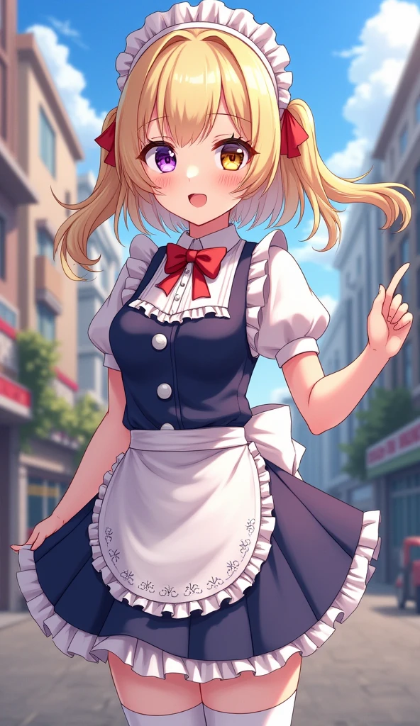 ((masterpiece, best quality)), 1girl, xiatian, short hair, blonde hair, dark-skinned female, red eyes, braid, blue necktie, striped, vertical stripes, striped dress, bangs, frilled apron, puffy short sleeves, hair ornament, blue headphones, blue bow, maid, white thighhighs <lyco:xiatianBeatmania:0.8>