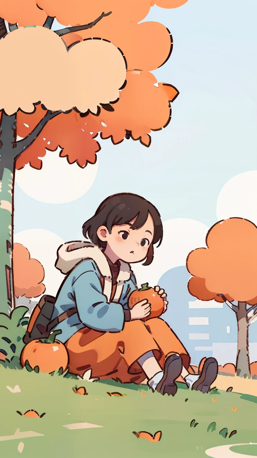 Chinese Illustrations， A woman is sitting on the ground eating a persimmon, Relaxation concept art,  red persimmon tree ， low fidelity illustration style ,Autumn atmosphere， Urban style illustration ，Studio Gypley。Matte watercolor painting ，Digital Art， Extremely detailed scene ， A beautiful art illustration ，Vibrant