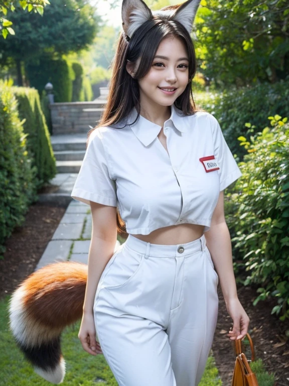 ((Best Quality, 8k)), ((masterpiece)), ( highest resolution ),  perfect face, Woman with fox ears, Woman with a tail, Beautiful woman, She is a nurse, It was taken in the garden, Only one tail, She has thick thighs, Her big fox tail, I can see her fox tail, She wags her tail, With collar, She is wearing a nurse uniform,  big hips , Her fox tail is sticking out, Her tail is fox-colored, smile