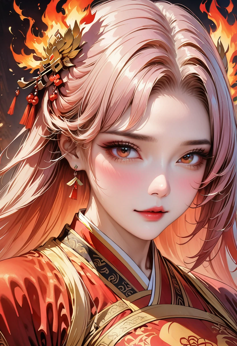 UHD, masterpiece, anatomically correct, textured skin, high details, best quality, highres, 1080P, 16k,SOLO, 1 female,Perfect body,huge oppai,(red long hair,floating hair),(Wear a golden hairpin),(Wearing a red Taoist caftan with fire pattern:1.9),(open pose),(Fire Background),(shiny skin:1.7),(upper focus:1.7),(Close-up)