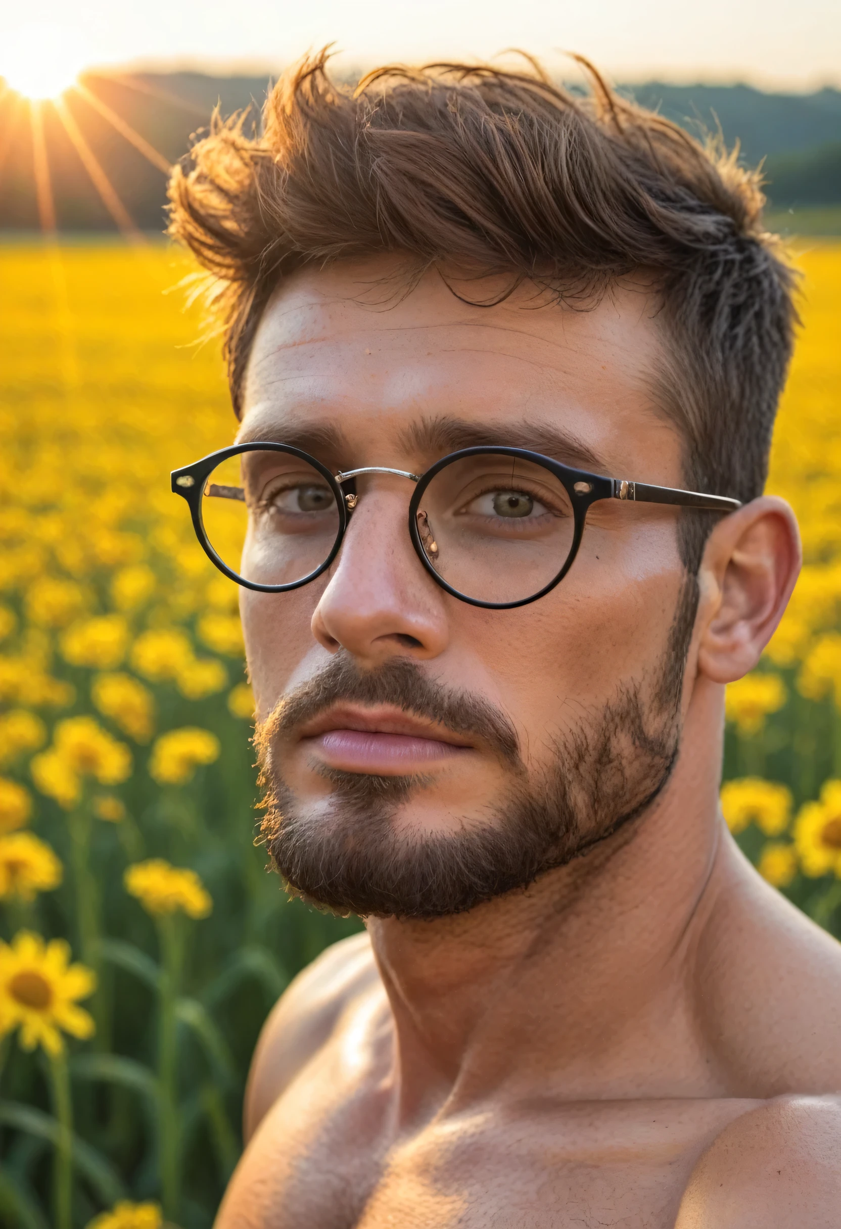 A wild muscular man,naked, penis (30-year-old dad :1.1), 1 boy,Alone (ombros largos), Muscular, short hair, , short beard, beautiful eyes:1.3, ), ( detailed face:1.3), (wearing glasses), Smiles, volumetric lighting, ( Better quality, A high resolution , photorealistic ), movie lighting , masterpiece, raw photo, intricate details, HDR, depth of field , Rice field in the background, From above, golden sun,defined chest,Whole body,thigh