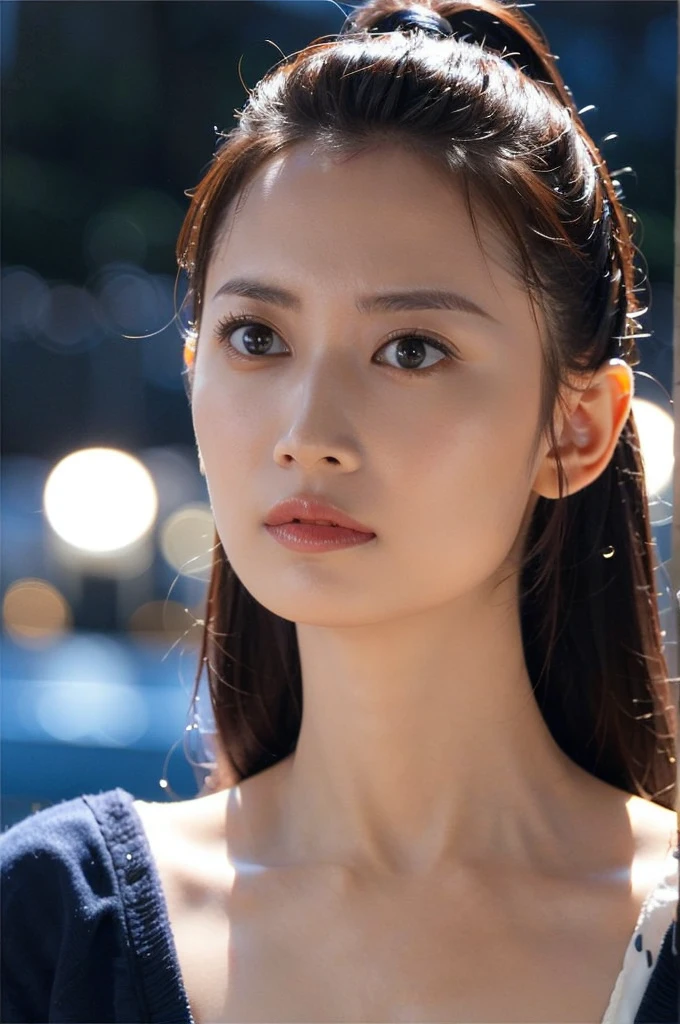 (Upper body close-up photo :1.1),(只有one person),(one person),(ultra wide angle shooting), best quality,(Realistic photos),mystery, and look at the audience,Highest pixel, HIGHEST QUALITY ,Large aperture,Movie_angle,forehead,Ponytail,