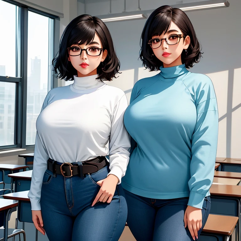 A cute sleepy petite short skinny wide hips emo girl, short wild volumetric hair, one wearing glasses, beautiful detailed brown eyes, cutely detailed lips, extremely cute detailed eyes and face, wide curvy pearshaped hips, thick thighs, long sleeve turtleneck t-shirt tucked in belted long jeans, full body photo, masterpiece, photorealistic, 8k, vivid colors, studio lighting, professional, standing in classroom,1girl, 