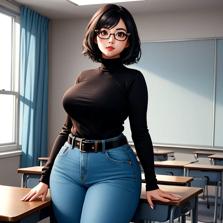 A cute sleepy petite short skinny wide hips emo girl, short wild volumetric hair, one wearing glasses, beautiful detailed brown eyes, cutely detailed lips, extremely cute detailed eyes and face, wide curvy pearshaped hips, thick thighs, long sleeve turtleneck t-shirt tucked in belted long jeans, full body photo, masterpiece, photorealistic, 8k, vivid colors, studio lighting, professional, standing in classroom,1girl, 