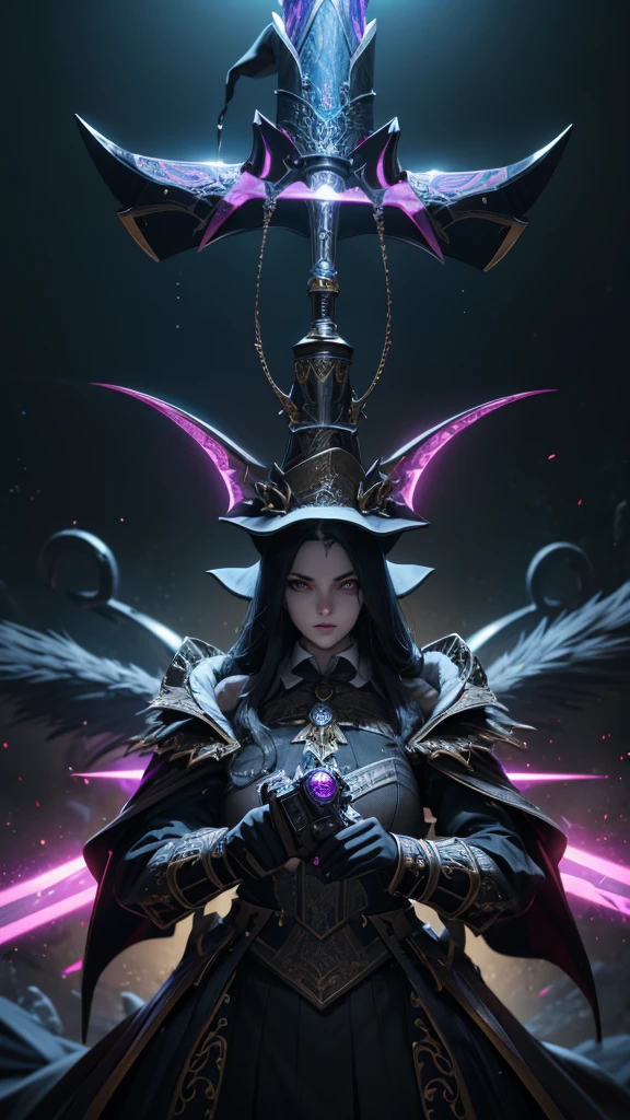 ( Highly detailed 8k wallpaper), Medium shot of the Necromancer, Particle Lighting, high detail, dramatic, Gatling gun in hand, Clean background, Put on the wizard hat, Background top weapon removed