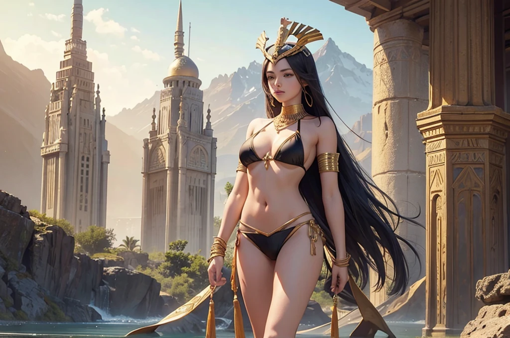 An Egyptian princess, vestida com roupas douradas reveladaras, displays a seductive and captivating appearance. Her medium black hair and black eyes intensify her mesmerizing charm. She is in the center of a lush oasis in the middle of the desert, surrounded by exotic vegetation and crystal clear waters. Ao fundo, camels add a sense of adventure and mysticism to this fascinating image.