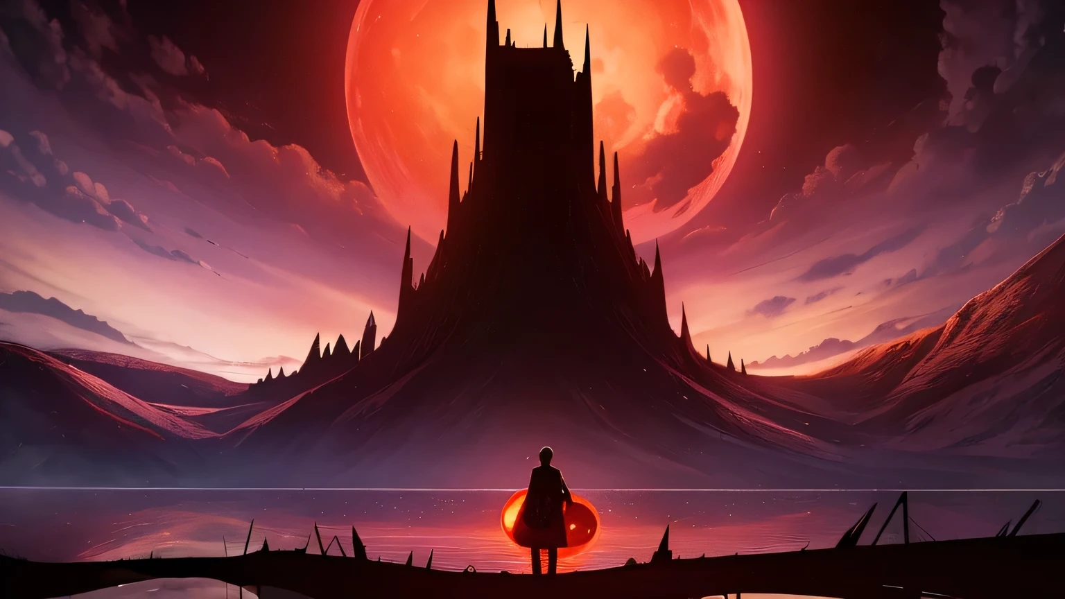 " Surrealist Masterpiece . high quality. Amazing details. Hyper-realistic CG rendering, Depicts a deep red moon rising over a serene lake surrounded by red clouds, Automatically Illuminates , Large clouds and fog in light colors , Celestial Illumination, Space Lighting , Experience the fusion of abstract and realistic elements. Bright contrasting colors. Mysterious atmosphere. Surrealist techniques in representing objects and characters . Organic Textures and Shapes . Dreamy Inspiration . Unexpected Composition and Foreground . Enter a surreal world full of surprises and emotions."