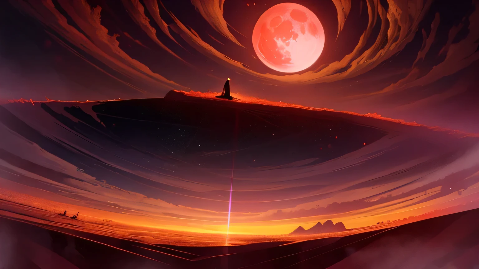 " Surrealist Masterpiece . high quality. Amazing details. Hyper-realistic CG rendering， Depicts a deep red moon rising over a serene lake surrounded by red clouds,  Automatically Illuminates ,  Large clouds and fog in light colors , Celestial Illumination,  Space Lighting , Experience the fusion of abstract and realistic elements. Bright contrasting colors. Mysterious atmosphere.  Surrealist techniques in representing objects and characters .  Organic Textures and Shapes . Dreamy Inspiration .  Unexpected Composition and Foreground . Enter a surreal world full of surprises and emotions."