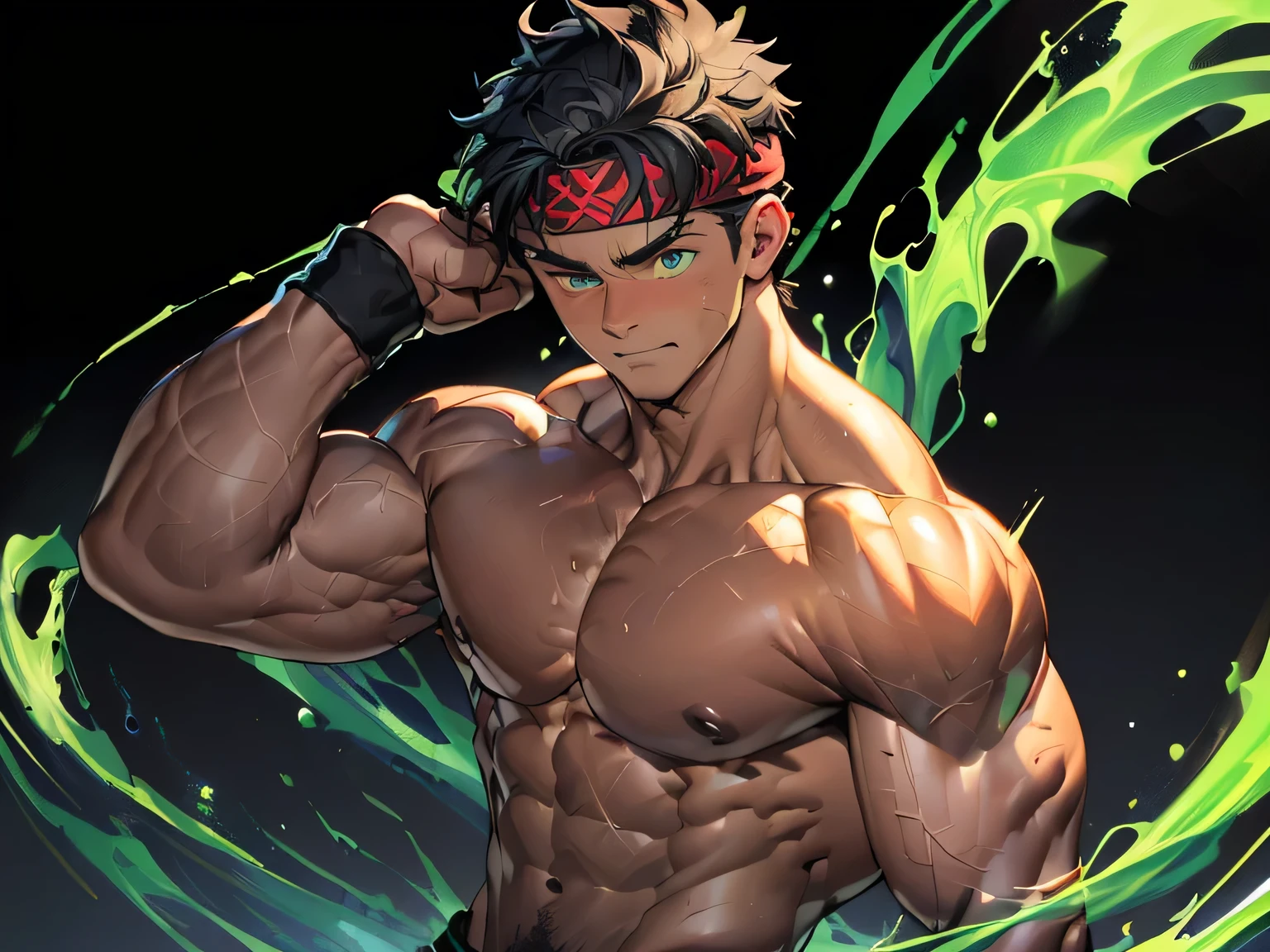 ((masterpiece, best quality)), (((((black background, deep night, upper body))))), (worm eyes, Young boy, muscler, Shirtless, topless), ((((1boy, solo, flesh, tough, reliable, developed body)))), (Dark Short straight hair, green eyes, ((almost completely shaved hair)), under cut), (((red headband, black wristband))), Vivid colors, ((big breast:1.5, big abs:1.5, big shoulder:1.2, muscular body, sturdy body, defined round and fleshy pecs:1.5, defined round and fleshy ABS:1.5, defined round and fleshy armsmuscular:1.2, well-defined muscles, toned body:1.2, shouldermuscler:1.2)), muscler!, muscler body, detailed face, detailed muscle, (((rippling muscles, Flowing energy, wearing energy waves, and wind to emphasize the power of his magic. Highlight his aura, blue and green aura effect, energy stream, holding aura energy, Fearless, spartan, clench the teeth)))