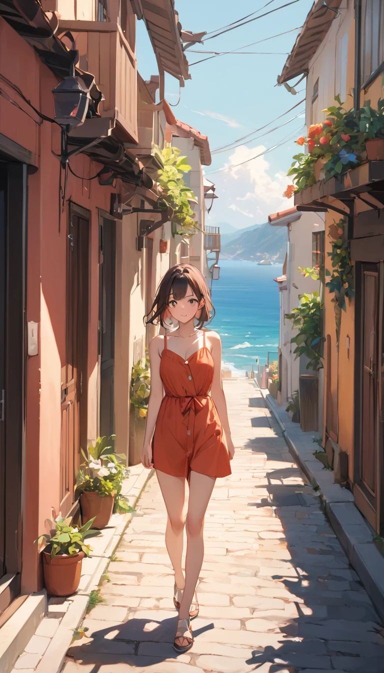 (masterpiece), One Girl, A woman walking down a narrow street in a coastal town, the sea in the distance, her expression distant