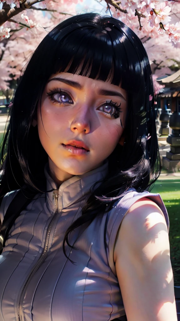 (Best quality)(masterpiece) character from anime naruto shippuden, hinata hyuga,1girl, sweet smile, black long hair, grey pupils, simetric eyes, detailed eyes, wearing light purple casual clothes, shy face, blushing, closed clothes, high detail, semi realistic, anime style, mesmerizing background, sakura flower shower, high resolution, 8k resolution, 70mm lens, calm colours, natural background, under the sakura tree, shy pose, portrait, cool shading, cool lighting