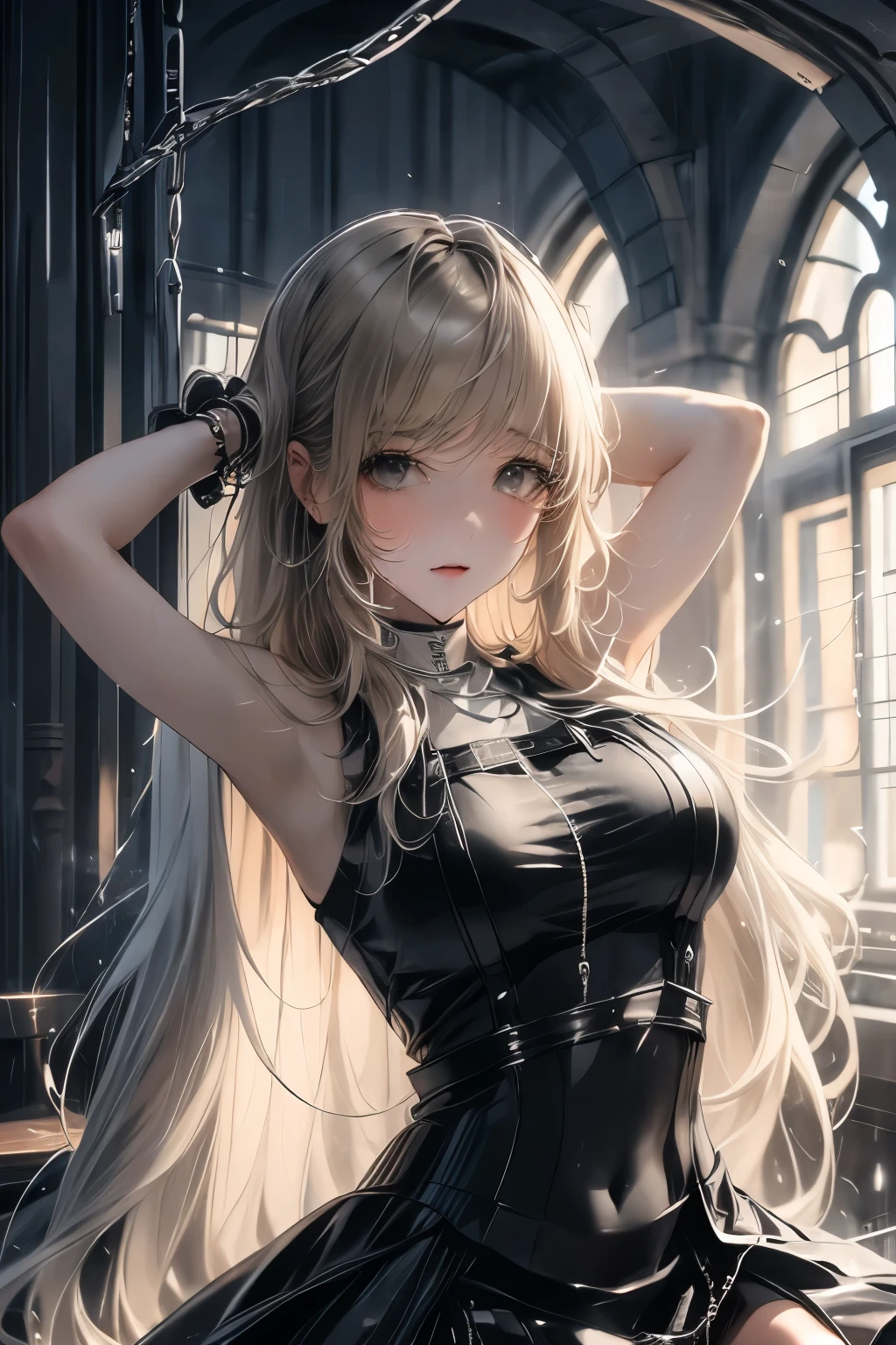 （（（ＳＦＷ、Highest quality、 first class、masterpiece、Normal body、8k、Detailed face、Ultra-precision、Normal hand、Normal finger、Masterpiece）））、Nuns、sister、Silver Hair、Model body type、Big Breasts、Pitiful、pure、clear、Polite、Obedience、virgin、Shy、 black and white sister clothes full of slits、 black and white overexposed sister clothes 、 black and white racy sister clothes 、 black and white sexy sister clothes 、Eros Sister、It rains nothing、 sleeveless、Tube tops、White chest 、 super ter Clothes、ultra-thin sister clothes、See-through、 Clear Body Lines、Black and white Pichri sister clothes 、 blushing in black and white erotic sister clothes 、 black and white sister's clothes are showing through and she's embarrassed、Embarrassed and looking down 、Raise your arms high、 raise your hands and chain bondage、ChainBind 、ChainBondage、ChainBIND、A lot of chains、 hanging、Hang from the roof 、Punishment、punish、BDSM、Blindfold:1.4、Blindfold、Blindfold、eye Blind、 is alone、Herbal Water 、Sensitive Skin、 Sensitive Milkhead、Nipple erection、Estrus、Double the sensitivity、Nipples are erect、I'm trembling vibbing、Continuous Orgasm