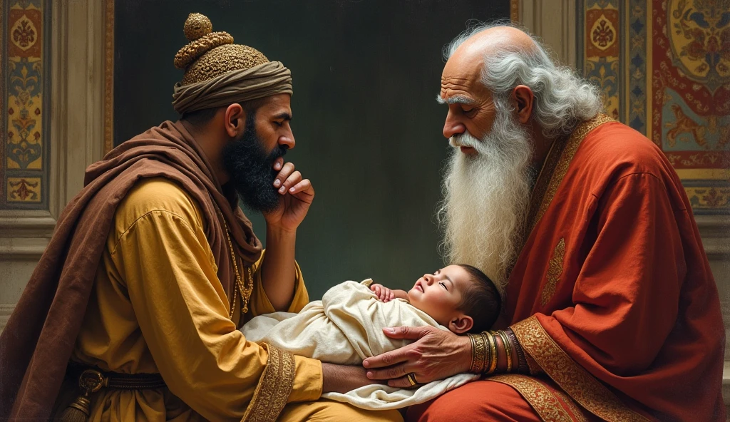 A wise Guru with a long white beard and turban sits in a halo of light, with a young child sitting in front of him, the Guru is holding his hand out, the child is looking up at him with respect. The background is a warm, golden glow, with soft, flowing lines of light. The image is full of warmth and serenity, and