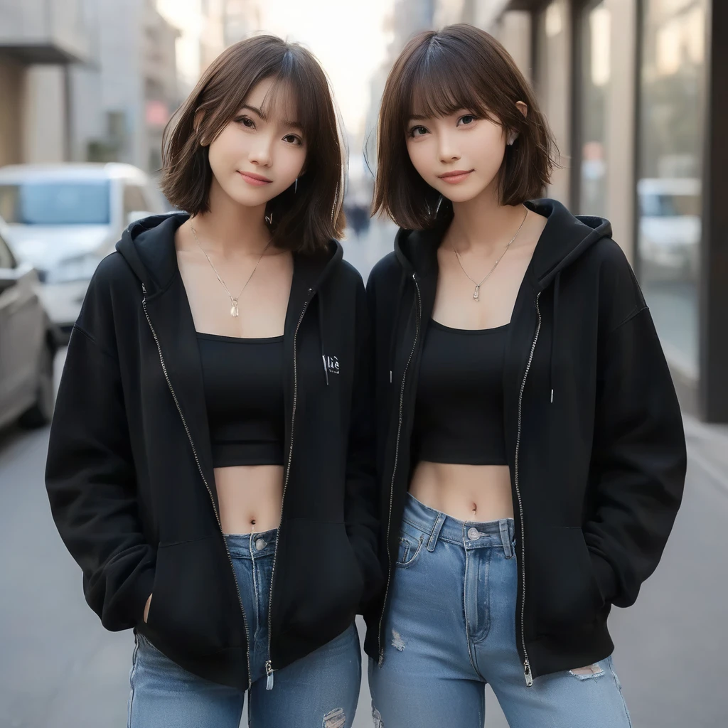 japanese 2girls, (twins of same tall:2), posing like a fashion model at the street, (wearing denim and blak jersey patchwork hoodie with zipper open,short length black tank-top,damaged denim slim pants,short boots:2),(photoshoot style, shooting from front, upper knee statue, body facing forward), 26 years old, (toned body type:1.2, tall height 5.35 feet), (large breast :1.2, hemispherical udder silhouette:1.2), little smiling, perorbital swelling, brown fluffy and wavy short-cut hair, natural bangs, detailed brown eyes, detailed finger, suppin, no make, (photorealsitic:1.4), (high-resolution details of human skin texture:1.2, rough skin:1.2, Uneven skin tone:1.6, skin texture must be natural:1.1), top-quality, ​masterpiece, high resolution, raw photo, natural soft light, professional lighting