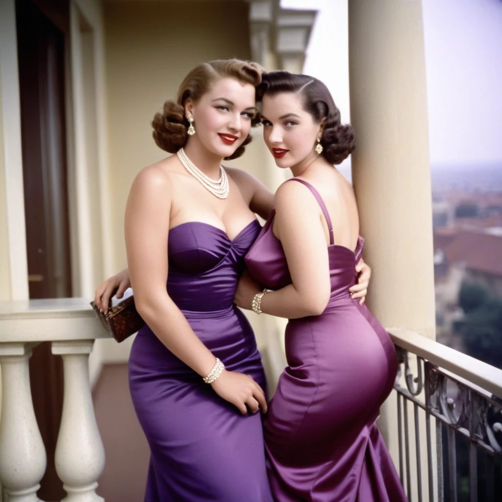 film Photo taken from front - Circa 1950, Portait Closeup, curvy busty, 2 young american women leaning on a balcony - Hugging each other from the waist, Wearing ( Jewellery, Handbag, Purple Expensive satin long dress High heels ),