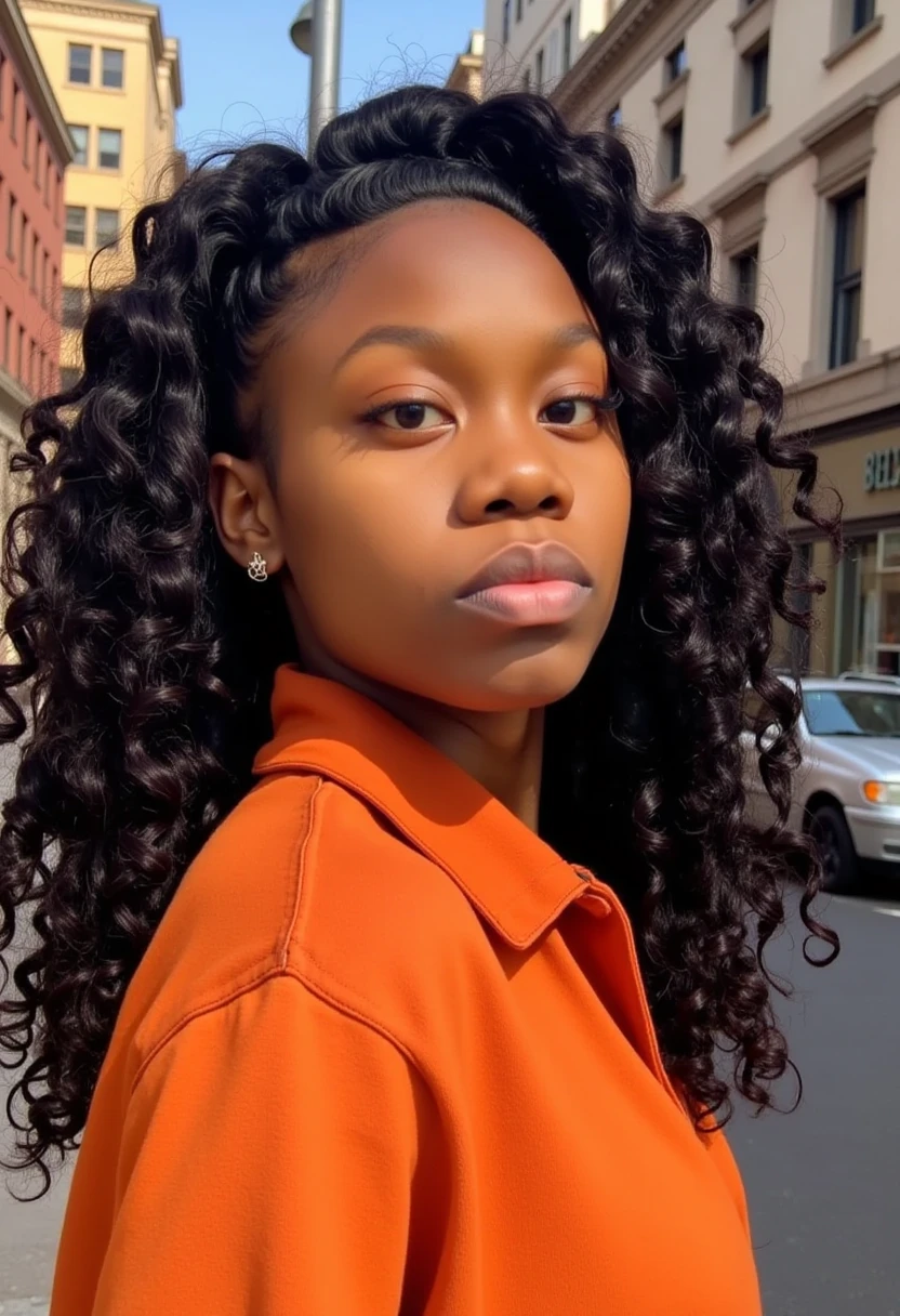 Destini, Black woman, Young, long curly black hair, wide nose with a nostril piercing, dark brown eyes, city background, comic book style art, round face, neutral expression, orange shirt camp half blood