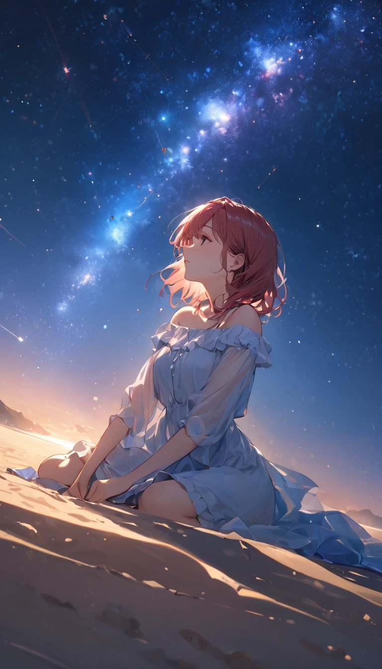 (masterpiece), One Girl, A woman lying on the sand, gazing up at the stars, the night sky clear and filled with constellations