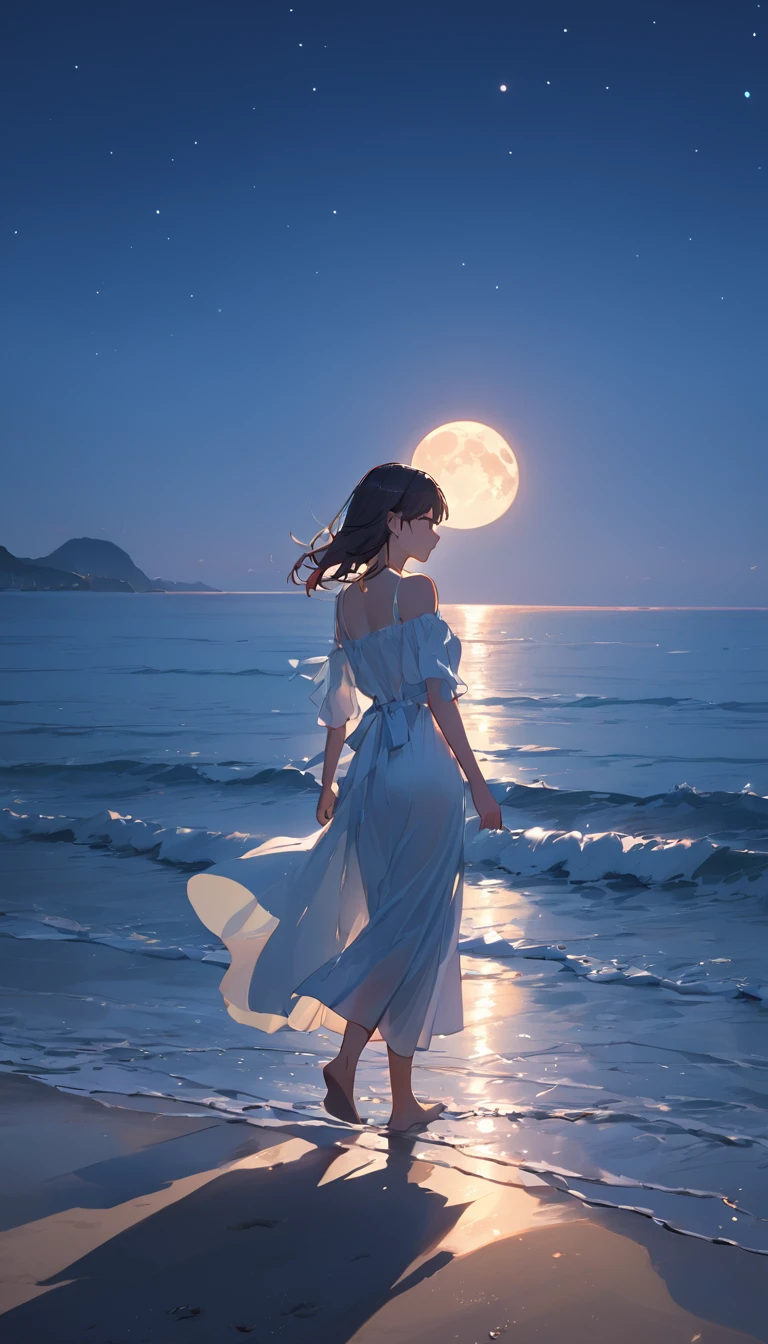 (masterpiece), One Girl, A woman walking along the beach, her hand reaching out to hold someone else's, soft moonlight reflecting on the water