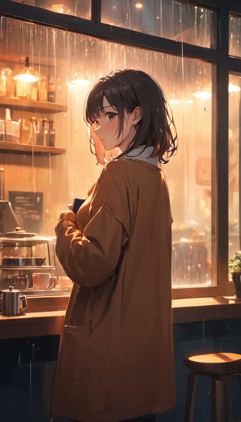 (masterpiece), One Girl, A woman standing in a cozy café, looking out the window as rain pours down, warm light inside the café