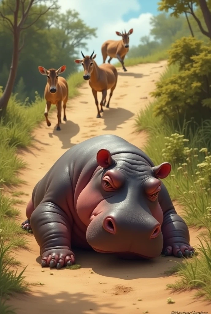A giant hippo is playing with a men