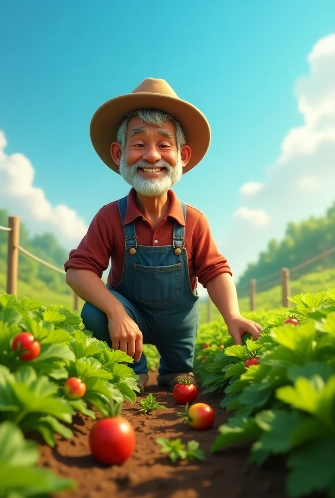 A very clear ultra HD dynamic image of" A hardworking farmer in a lush green field, smiling as he tends to his crops, with sunlight illuminating the scene. Include elements like ripe crops and a clear blue sky."