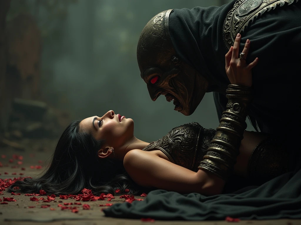 The boss in the princess's body wears a dress that leaves the belly exposed through a circle and his red eyes are seen facing the knight