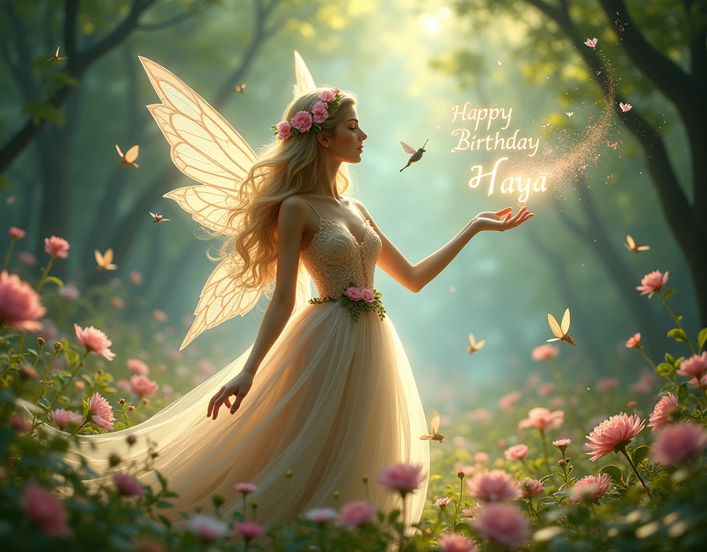 a Sundanese girl sitting on a large rock, smiling charmingly, wearing a radiant white dress, wearing a hijab, beautiful wings (very intricate detail), looking up at the sky (like seeing something), a tiara on her head, several fireflies flying around her (blurry effect on fireflies). Very beautiful forest background, Photo realistic, photography, realistic, super ultra HD 8k, looks real, looks clear, focuses on the face.