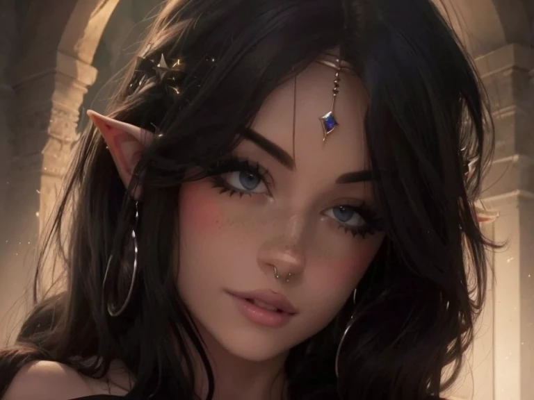 ((Best quality)), ((masterpiece)), (detailed: 1.3)
Beautiful woman, one girl, very detailed eyes, very detailed hair, very detailed clothes, very detailed face.
((Purple eyes)), ((black hair, ponytail hairstyle, wavy hair, long bangs)), ((elf ears)), earrings, piercing, tanned skin, ((pink short dress, off shoulders)), large breasts, cleavage, open clothes, thick ass, choker, necklace, beautiful eyelashes, sultry eyes, juicy lips, soft blush, smooth skin, freckles, natural eyebrows, smiling.
Posing sexily, provocative, looking at viewer, in love with viewer, cinema lighting, sitting, bedroom, pink walls.