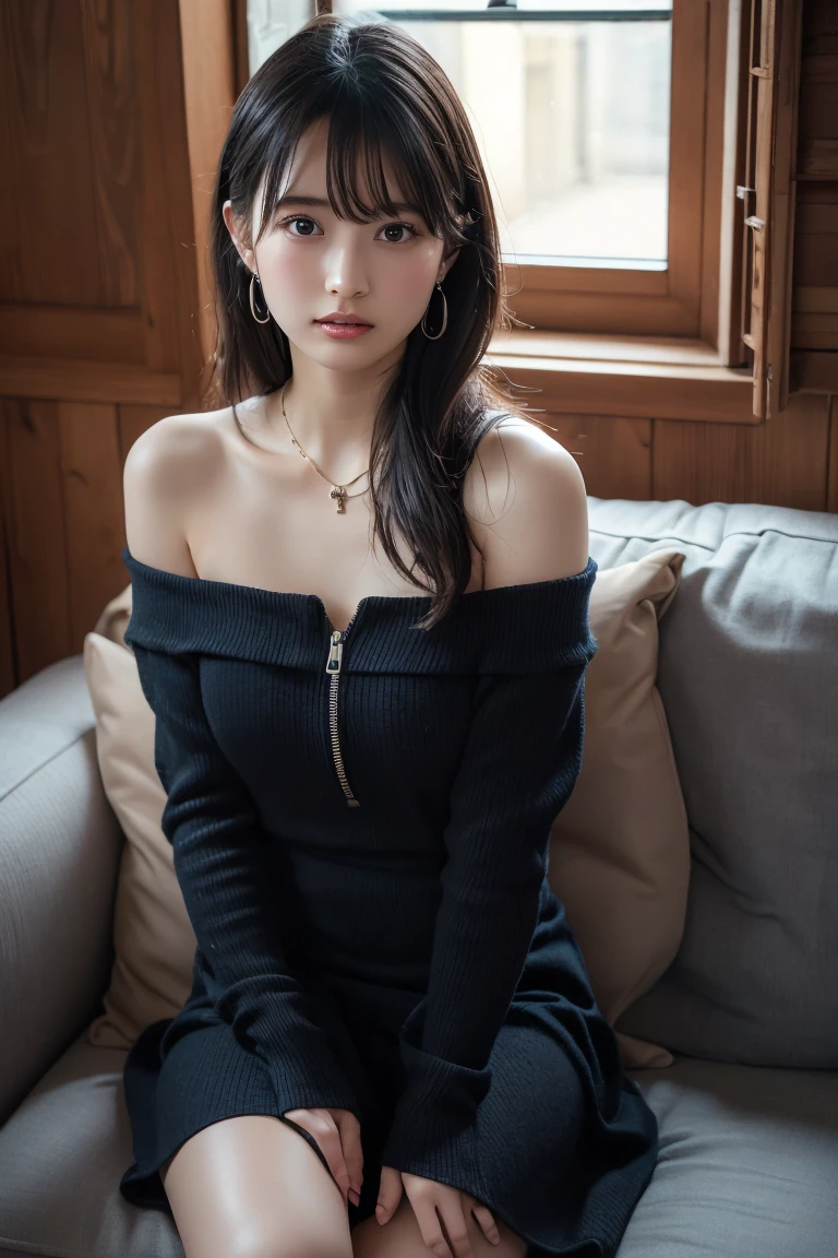(Highest quality:1.4)，(masterpiece:1.4)，(Realistic:1.4)，(Realistic:1.2)，(超High resolution， RAW Photos:1.4)，(High resolution， Ultra-detailed:1.2)，(8k:1.2)，View your viewers，Cinematic photography，One girl，skeletally correct，Black-haired woman，Woman in her early 20s，(Small earrings，necklace，Pink summer knit with bare shoulders)，（Western-style building interior，Dimly lit room，The lamplight shines on my cheeks，Sit on the sofa）