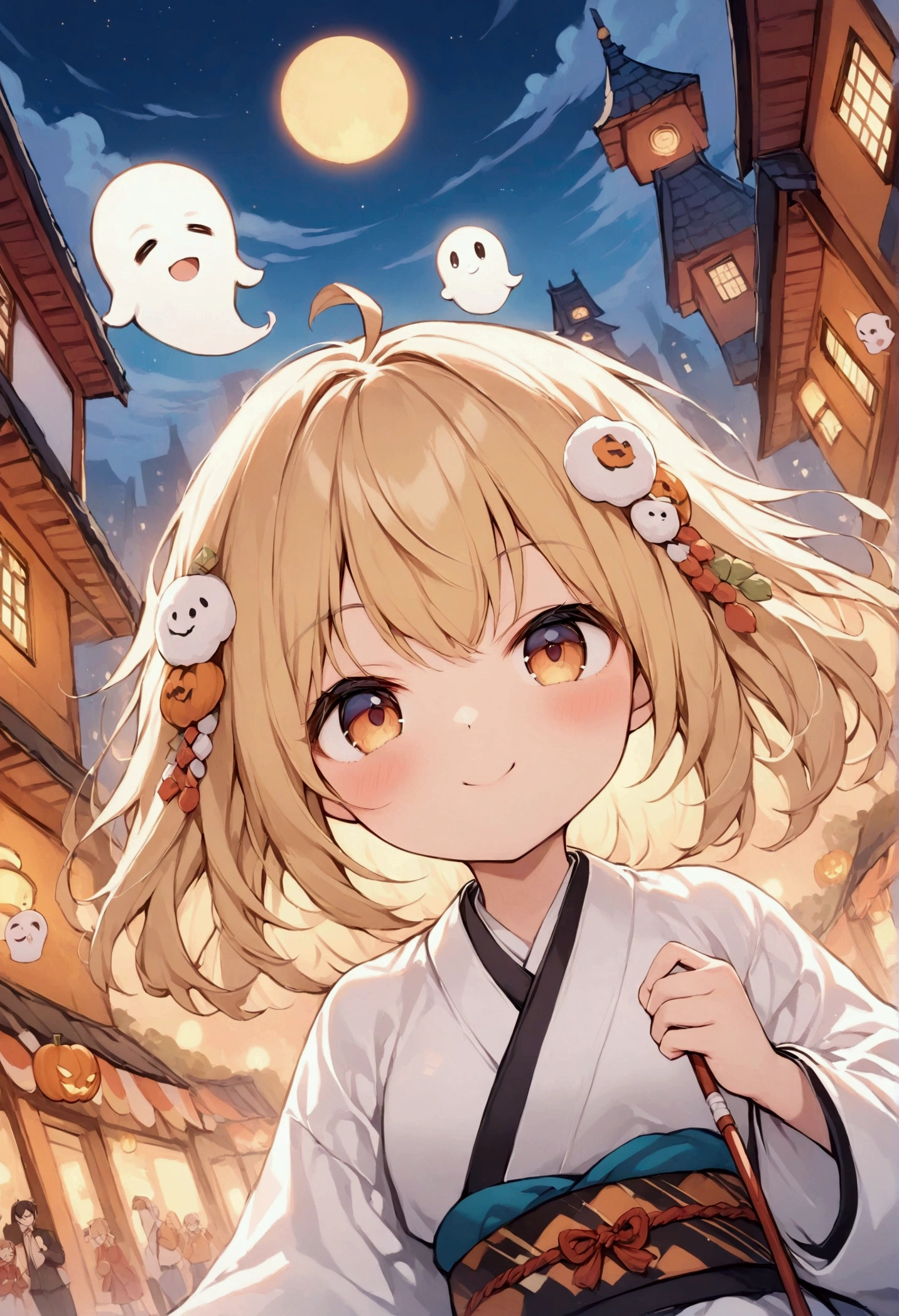 （ best quality illustration ）, Wearing Japanese clothing,  zashiki  cosplay ,   1 girl,  elementary school girl with brown skin, blonde, Looking up, smile, evening,  Festival Scenery, are licking candy,  Halloween cityscape , Pumpkin lantern,  A person dressed up as a ghost in the background々, dynamic angle,  detailed background, Fun, bright