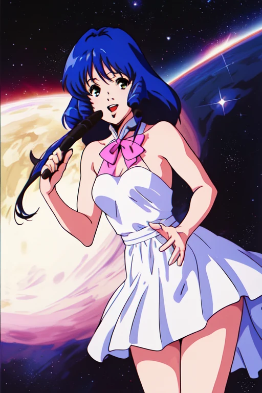 (best quality, masterpiece, RAW photo,ultra-detailed:1.2), 1girl,solo,looking at viewer,smile lynn minmay,
WHITE DRESS,pink ribbon,outer space, cosmic background, singing, floating,