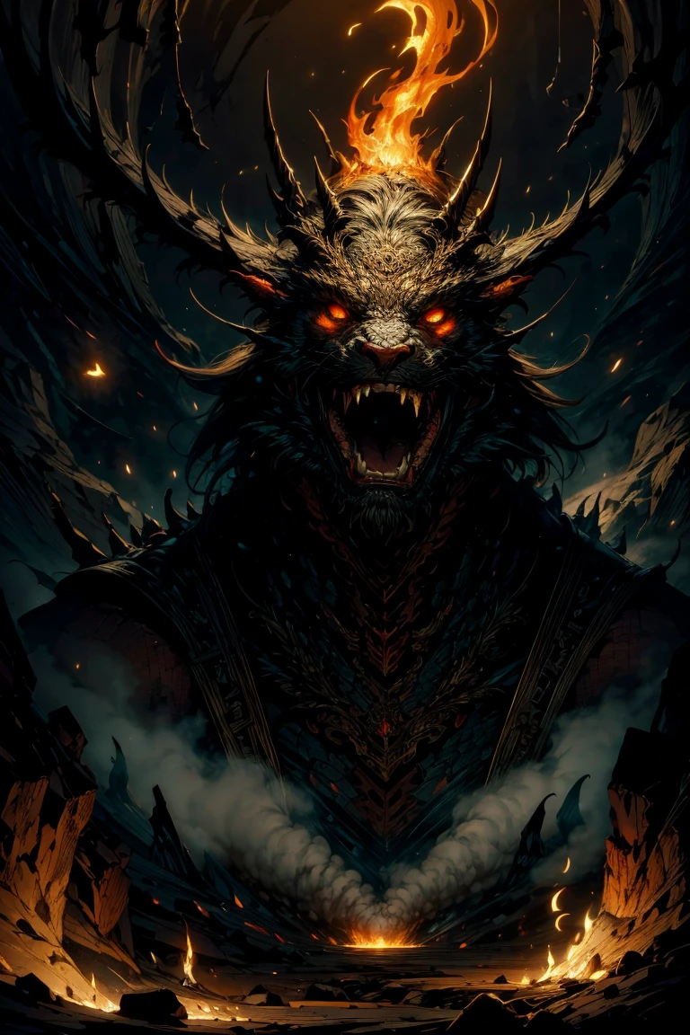 (Masterpiece, highest quality, Best Quality, Beautiful and aesthetic:1.2), gigantic dragon sleeping deep within a mountain cave, (ominous presence:1.5), hyper-realistic, glowing red eyes half-shut, massive body coiled around jagged rocks, (dark mist swirling around the dragon:1.3), faint glow of molten lava in the background, (firelight casting eerie shadows:1.4), vibrant dark red and black scales, dynamic lighting, fog drifting through the cave, smoke rising from its nostrils, dramatic and dark atmosphere