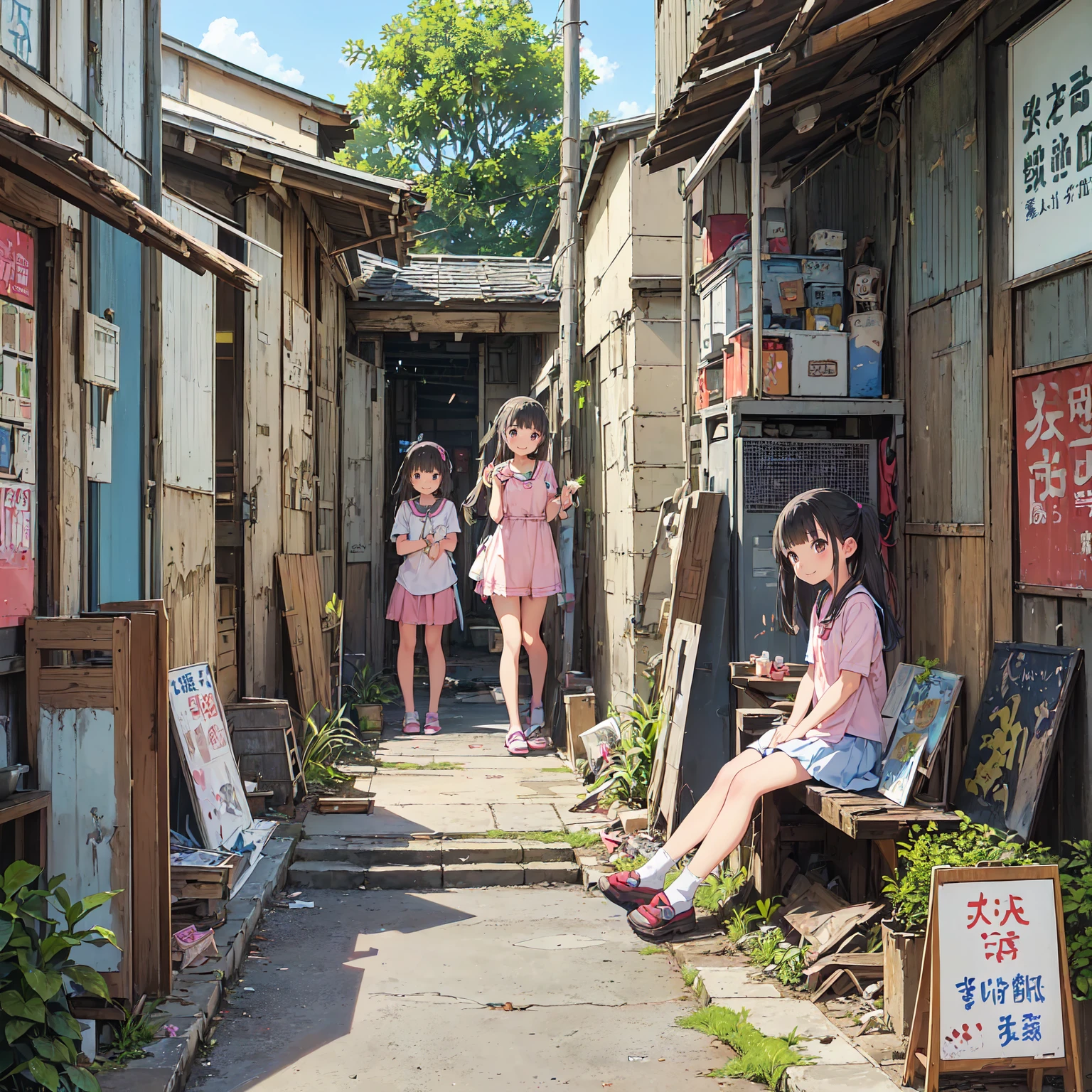(masterpiece、Highest quality)、((Japan's poor neighborhoods、Old and dirty store))、((Naked sisters tending the store、A good friend、smile:1.3、pubic hair))、(Showa style、Japan favelas、Cheerful customer service)、((Unsanitary and dim))、Shady Red Light District、(Outer phase)、smile、Happy schoolchildren、Perfect Anatomy